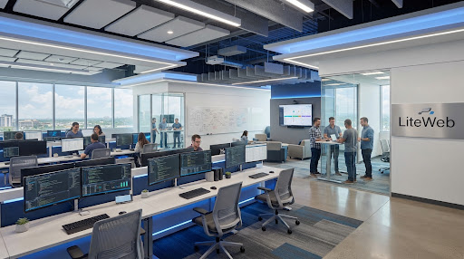 High-tech software development studio interior
