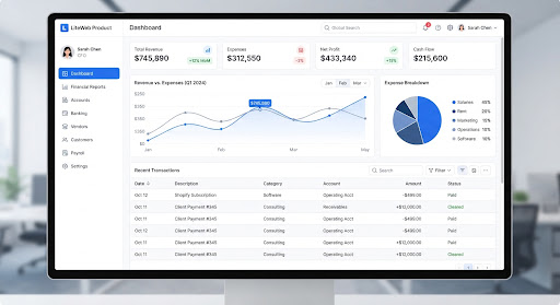 Accounting software dashboard with financial charts and data tables