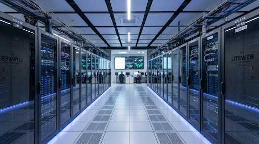 High-tech data center corridor with glowing server racks