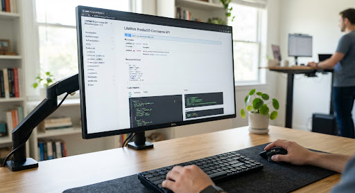 Developer workspace with e-commerce API documentation