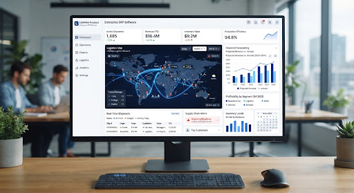 Enterprise ERP dashboard with logistics tracking and financial charts
