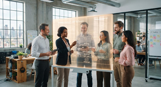 Engineering team reviewing an ERP architecture diagram